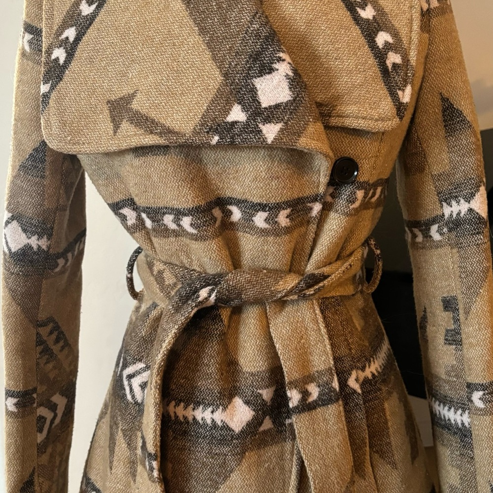 “American Rag” Aztec/tribal print wrap coat with belt